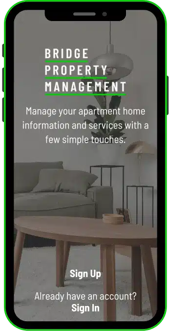 A smartphone screen displays the Bridge Property Management app, featuring options to sign up or sign in and a modern living room background.