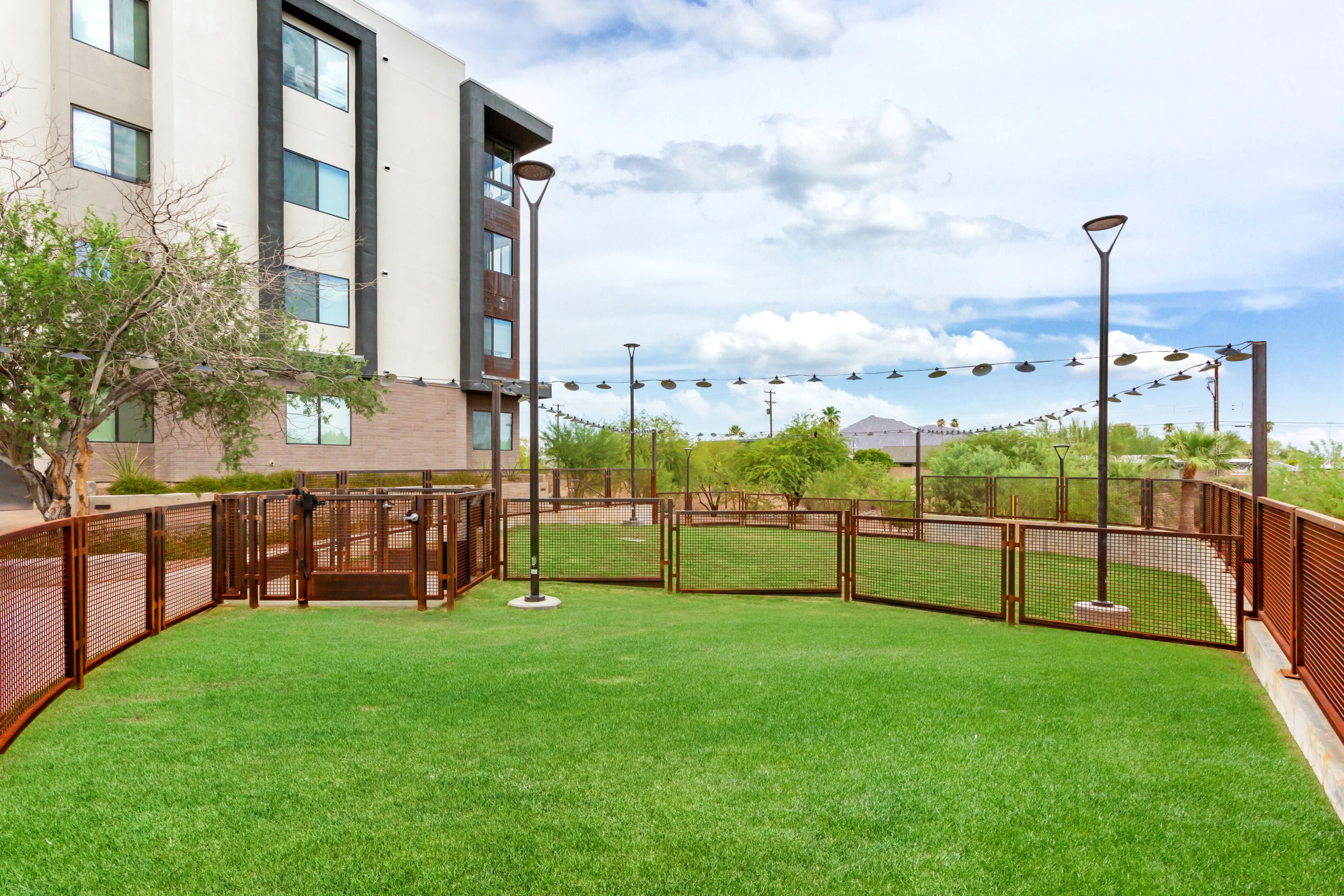 Fenced grassy area with string lights, trees, and lamp posts, adjacent to a modern apartment building under a partly cloudy sky—enjoy serene living at Home - Lake Cameron.