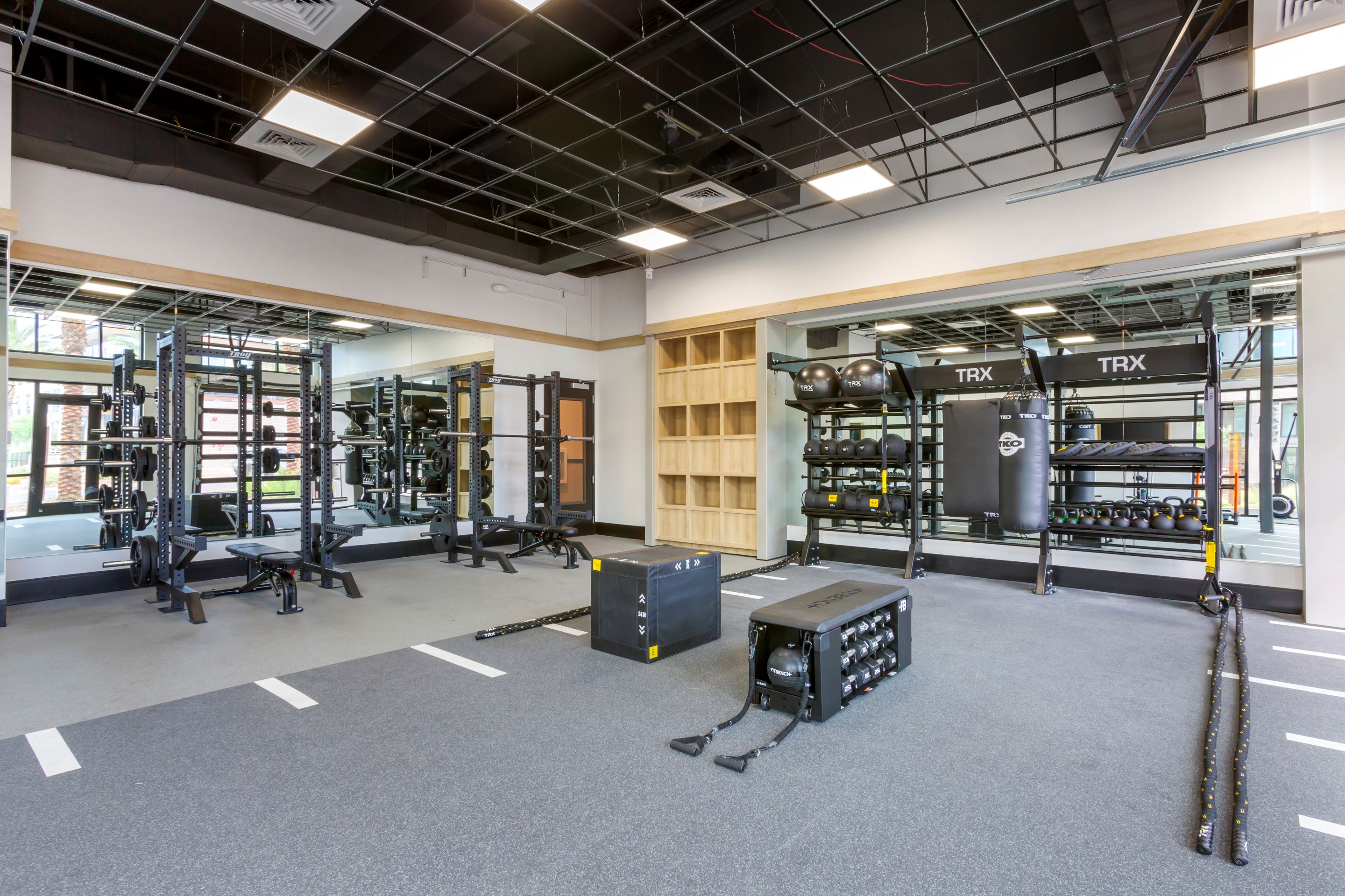 Modern gym at Home - Lake Cameron with free weights, squat racks, TRX equipment, plyometric boxes, medicine balls, and mirrors—all in a clean, well-lit space with stylish gray flooring.
