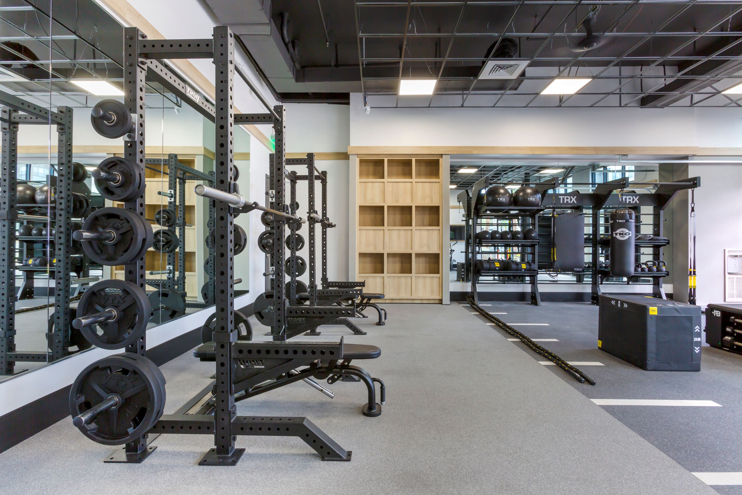 A modern gym at Home - Lake Cameron features weight racks, benches, wall mirrors, wooden shelves, TRX suspension trainers, and various exercise equipment on a sleek gray floor.
