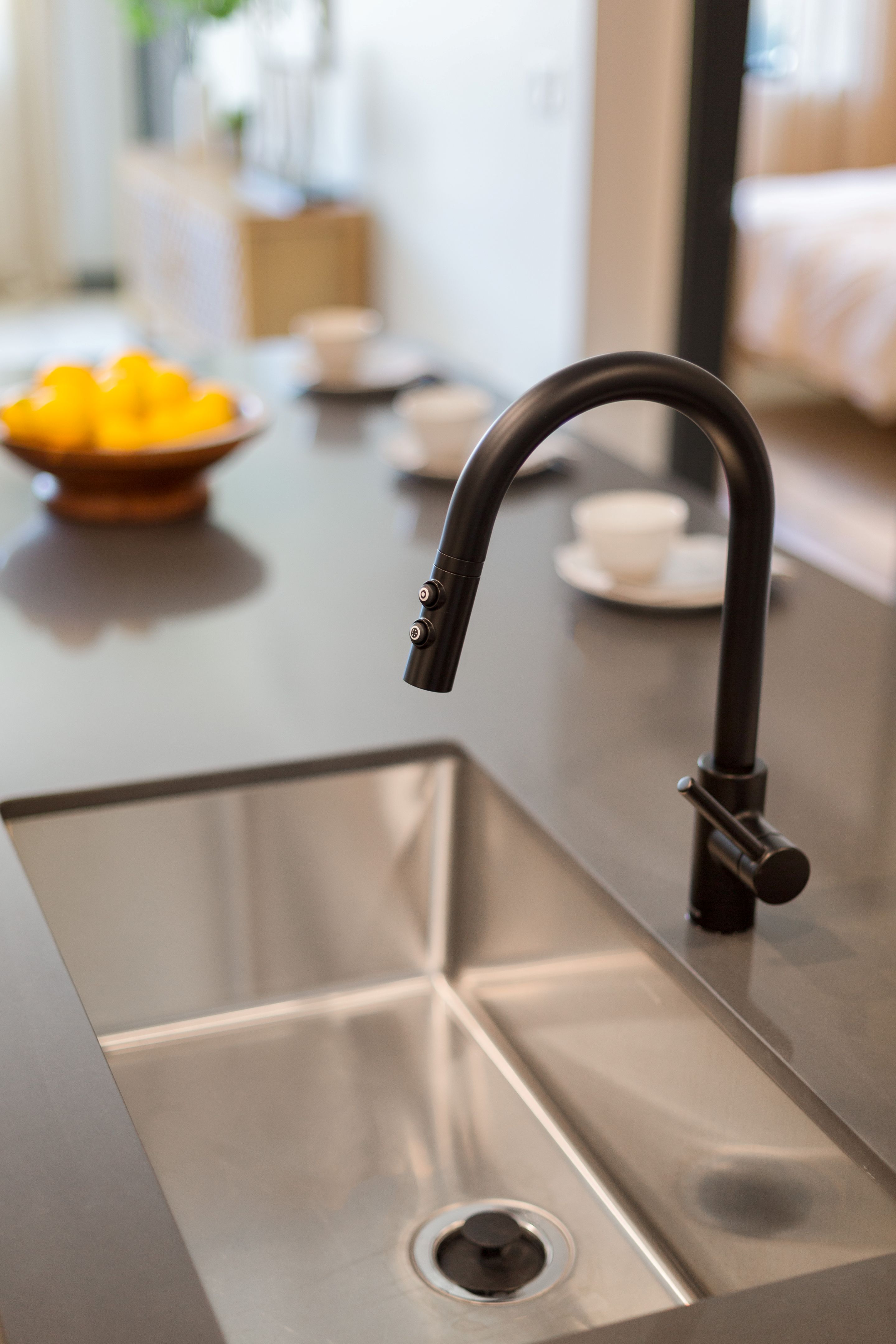 A modern black kitchen faucet over a stainless steel sink at Home - Lake Cameron, with a bowl of oranges and cups on the countertop in the background.
