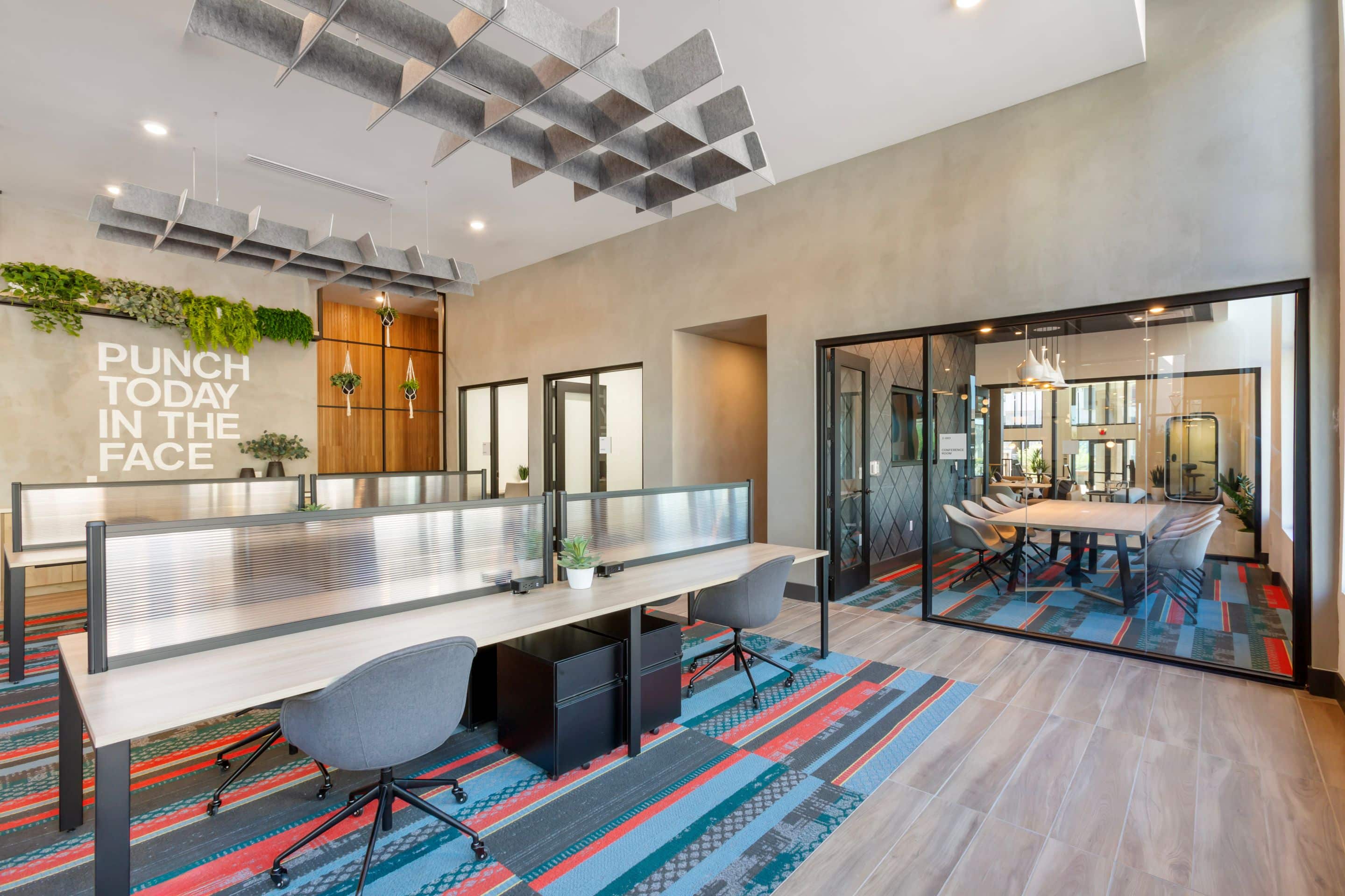 Modern open office space with shared desks, colorful carpet, conference room with glass walls, and a bold wall sign that reads "PUNCH TODAY IN THE FACE," offering a vibrant workspace near Home - Lake Cameron.