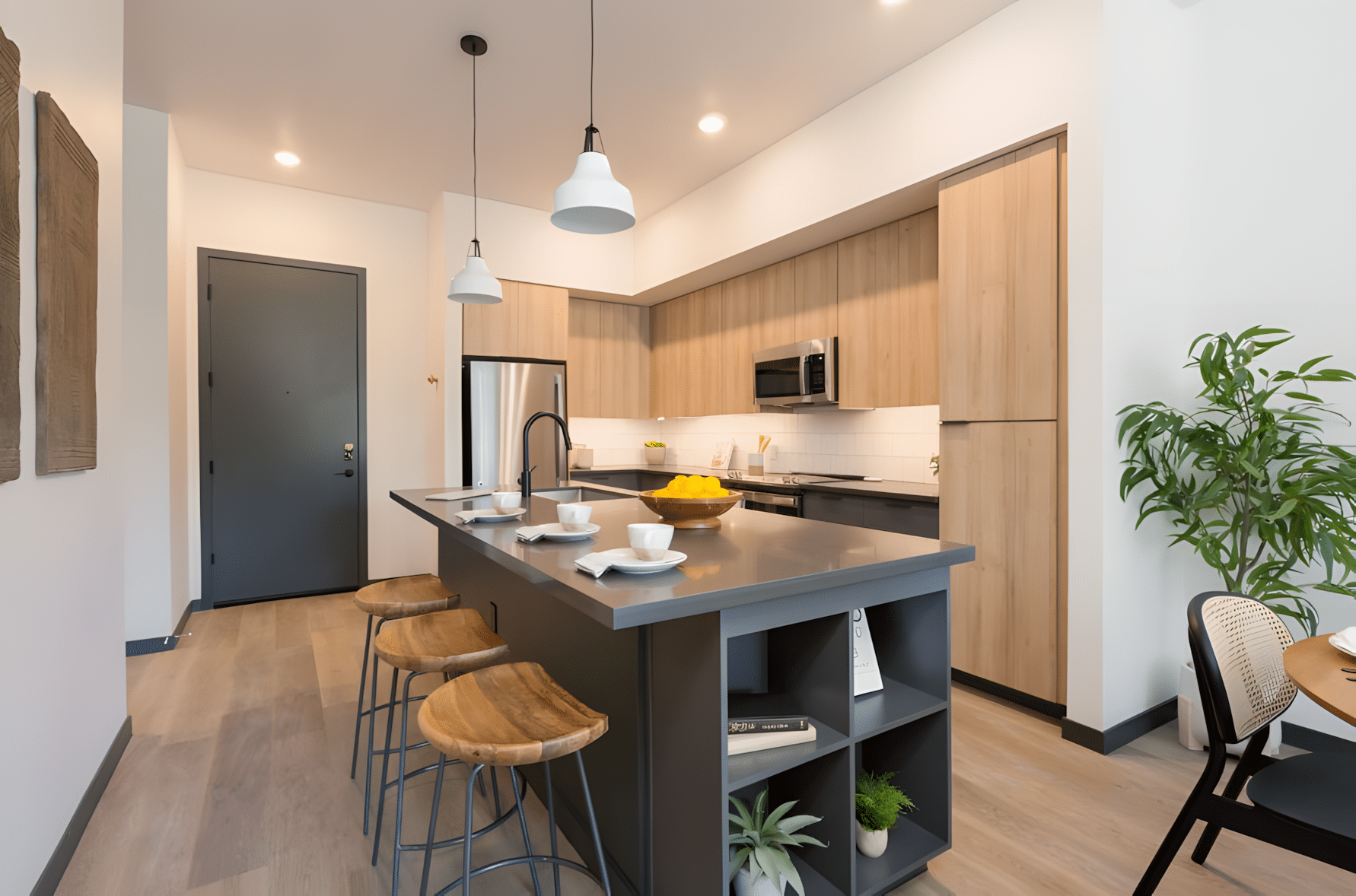 Modern kitchen with light wood cabinets, a dark island with stools, pendant lights, a built-in microwave, and a bowl of lemons, with a potted plant in the corner.